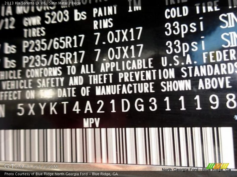 Satin Metal / Beige 2013 Kia Sorento LX V6