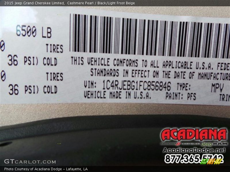 Cashmere Pearl / Black/Light Frost Beige 2015 Jeep Grand Cherokee Limited