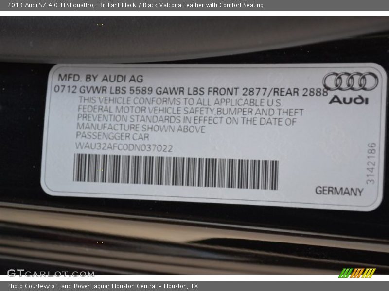 Brilliant Black / Black Valcona Leather with Comfort Seating 2013 Audi S7 4.0 TFSI quattro