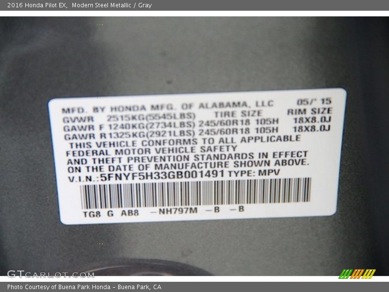 Modern Steel Metallic / Gray 2016 Honda Pilot EX
