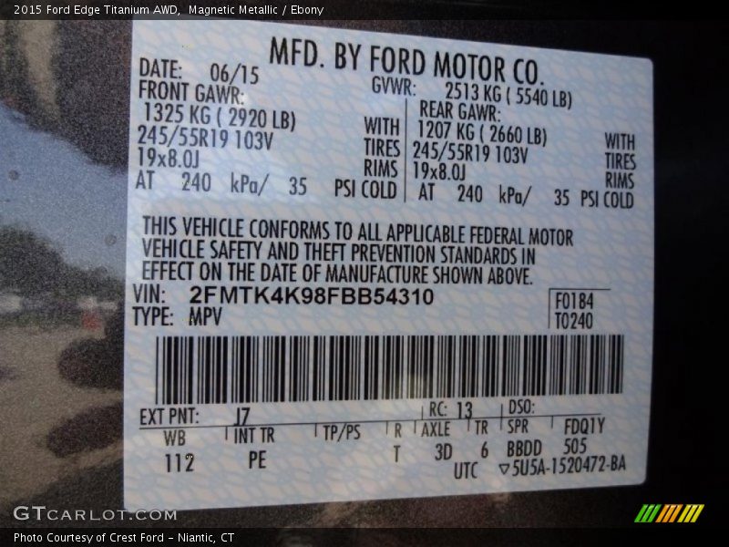 2015 Edge Titanium AWD Magnetic Metallic Color Code J7
