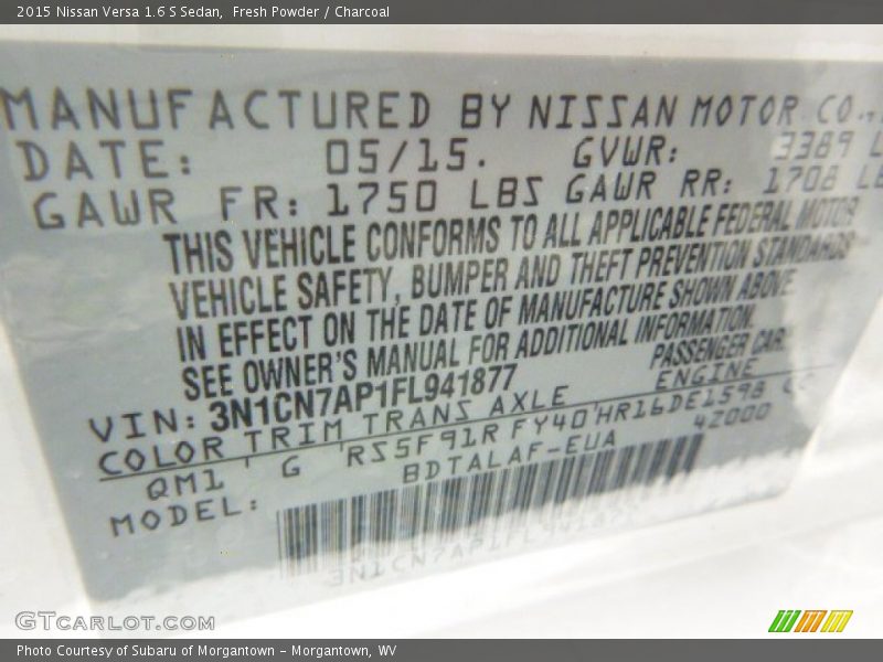Fresh Powder / Charcoal 2015 Nissan Versa 1.6 S Sedan