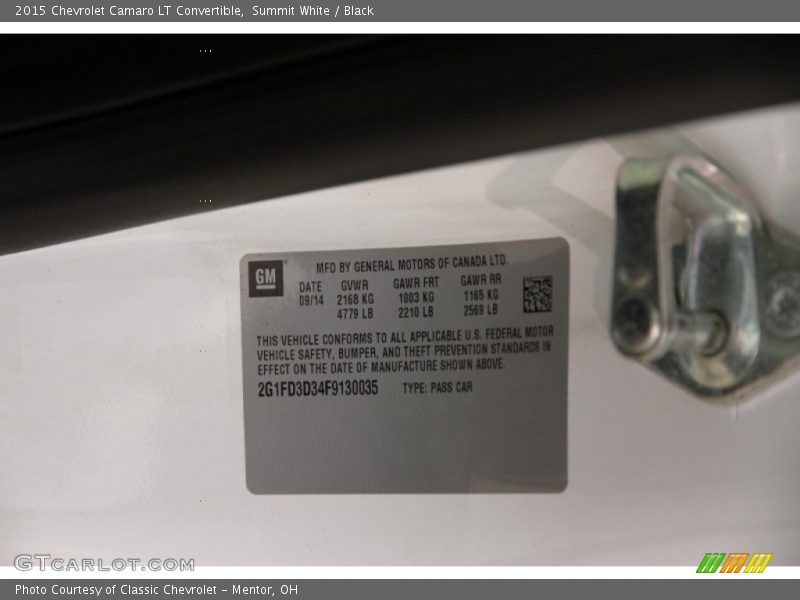 Summit White / Black 2015 Chevrolet Camaro LT Convertible