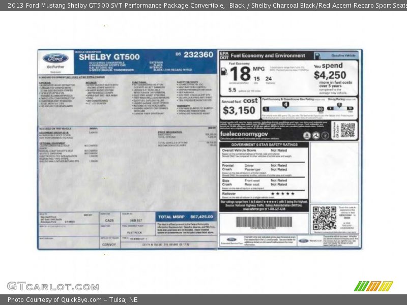  2013 Mustang Shelby GT500 SVT Performance Package Convertible Window Sticker