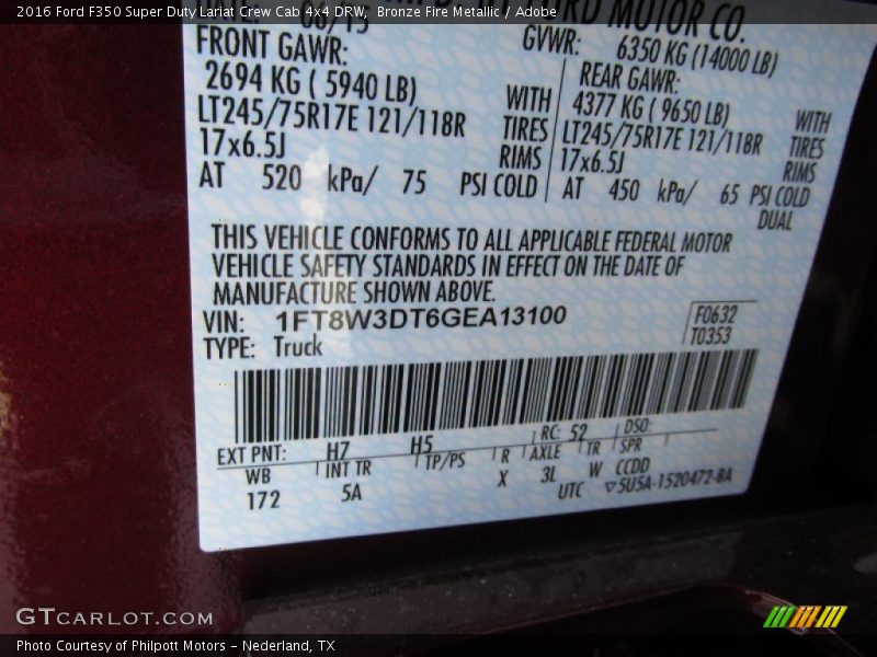 2016 F350 Super Duty Lariat Crew Cab 4x4 DRW Bronze Fire Metallic Color Code H7