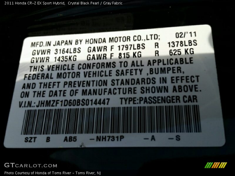 Crystal Black Pearl / Gray Fabric 2011 Honda CR-Z EX Sport Hybrid
