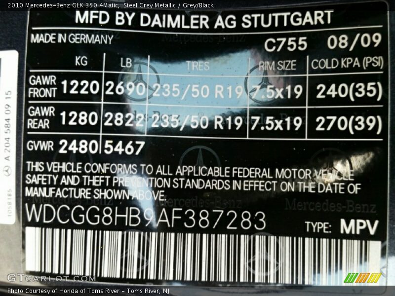 Steel Grey Metallic / Grey/Black 2010 Mercedes-Benz GLK 350 4Matic