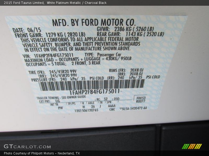 White Platinum Metallic / Charcoal Black 2015 Ford Taurus Limited