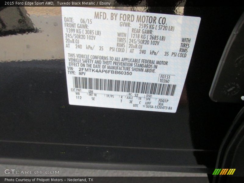 Tuxedo Black Metallic / Ebony 2015 Ford Edge Sport AWD