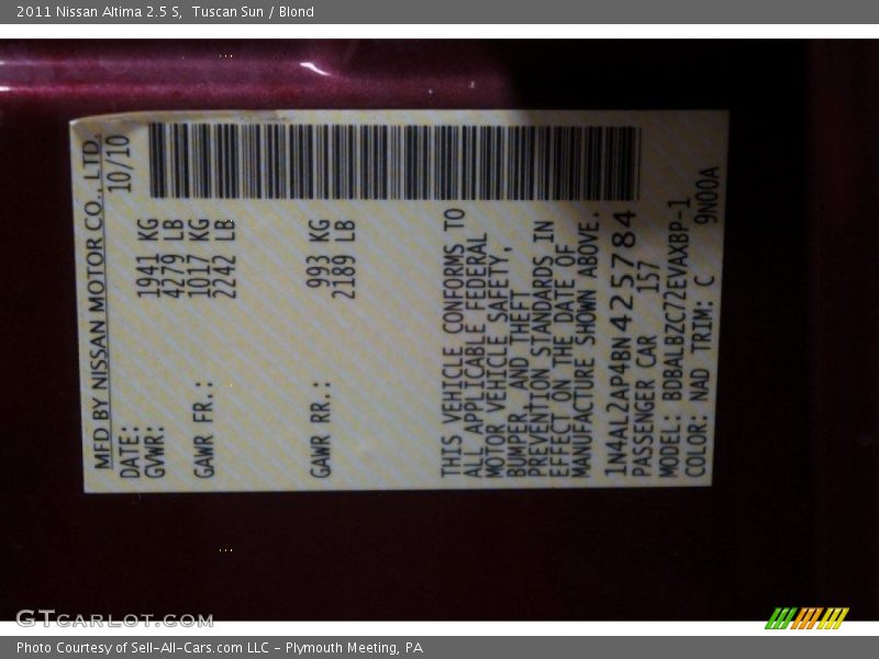 Tuscan Sun / Blond 2011 Nissan Altima 2.5 S