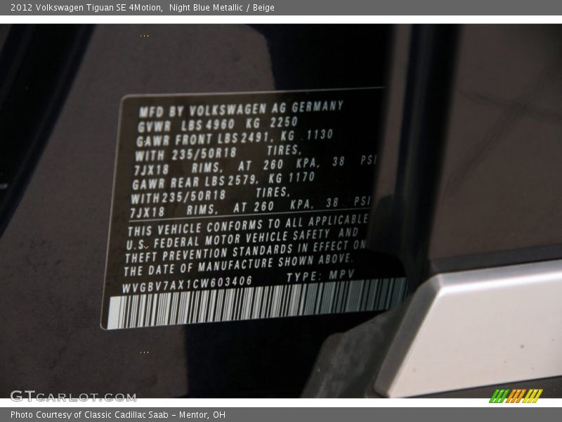 Night Blue Metallic / Beige 2012 Volkswagen Tiguan SE 4Motion