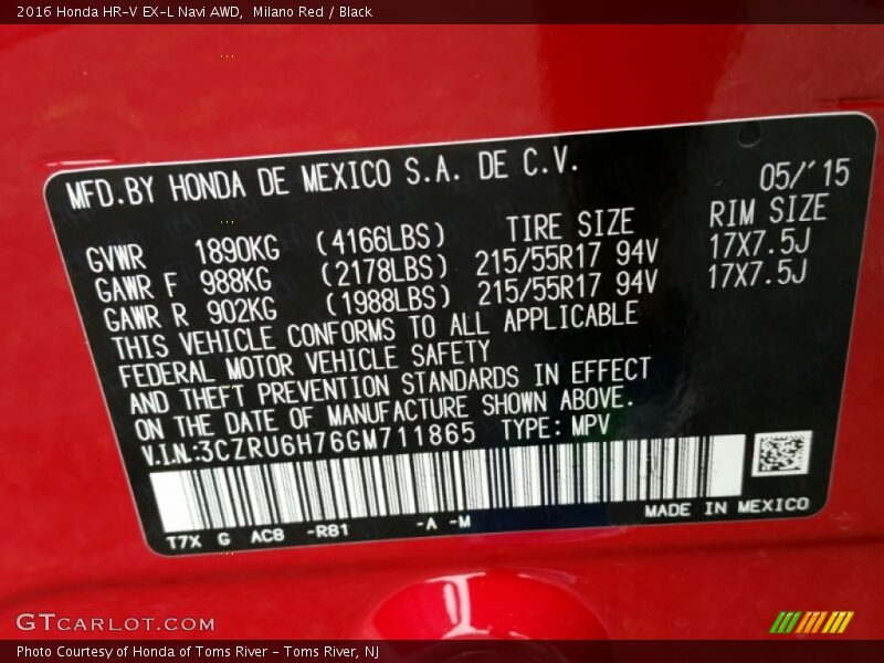 2016 HR-V EX-L Navi AWD Milano Red Color Code R81