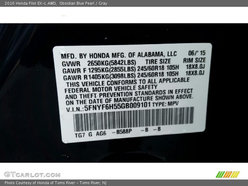 2016 Pilot EX-L AWD Obsidian Blue Pearl Color Code R588P
