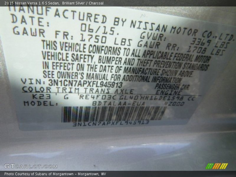 Brilliant Silver / Charcoal 2015 Nissan Versa 1.6 S Sedan