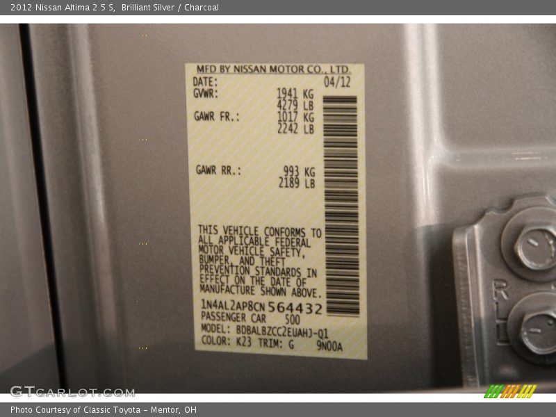 Brilliant Silver / Charcoal 2012 Nissan Altima 2.5 S