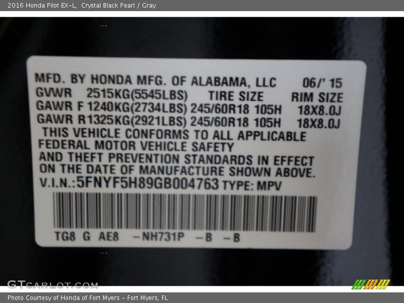 Crystal Black Pearl / Gray 2016 Honda Pilot EX-L