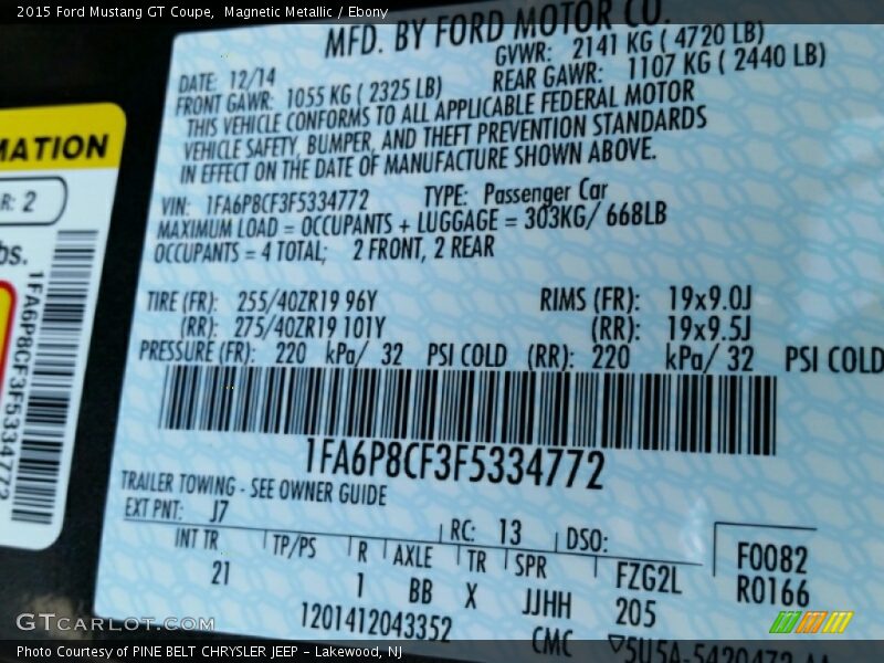 2015 Mustang GT Coupe Magnetic Metallic Color Code J7