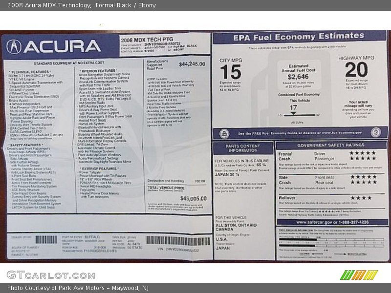  2008 MDX Technology Window Sticker