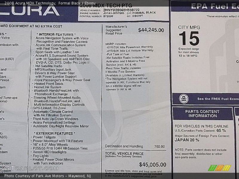  2008 MDX Technology Window Sticker