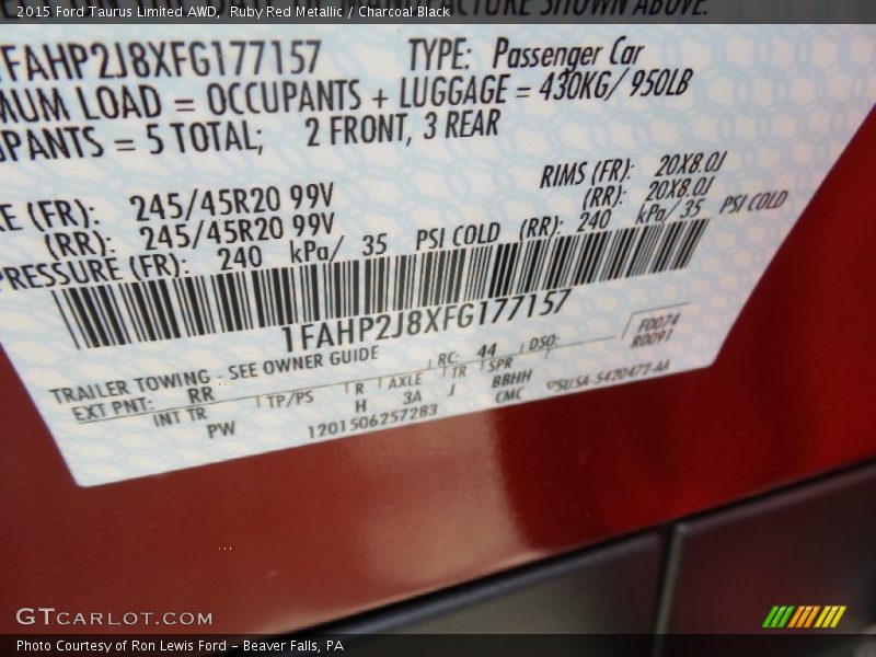 Ruby Red Metallic / Charcoal Black 2015 Ford Taurus Limited AWD