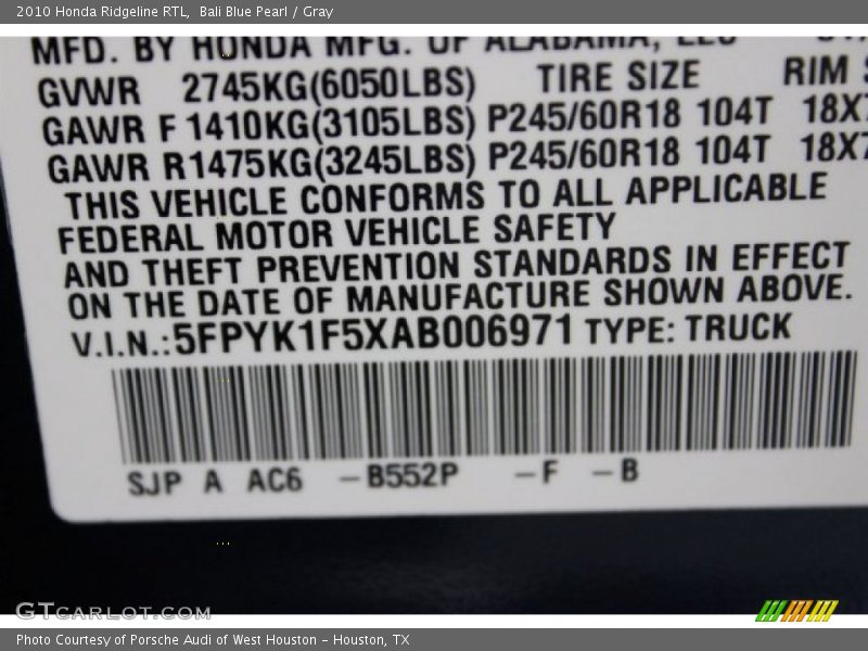 Bali Blue Pearl / Gray 2010 Honda Ridgeline RTL