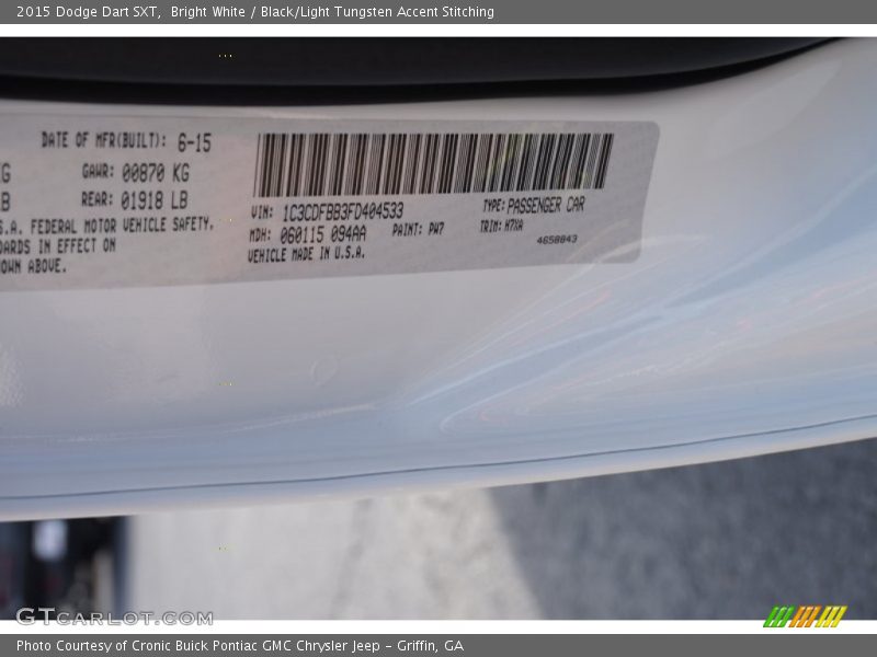 Bright White / Black/Light Tungsten Accent Stitching 2015 Dodge Dart SXT