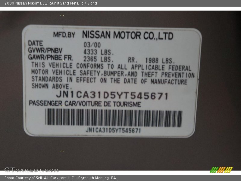 Sunlit Sand Metallic / Blond 2000 Nissan Maxima SE