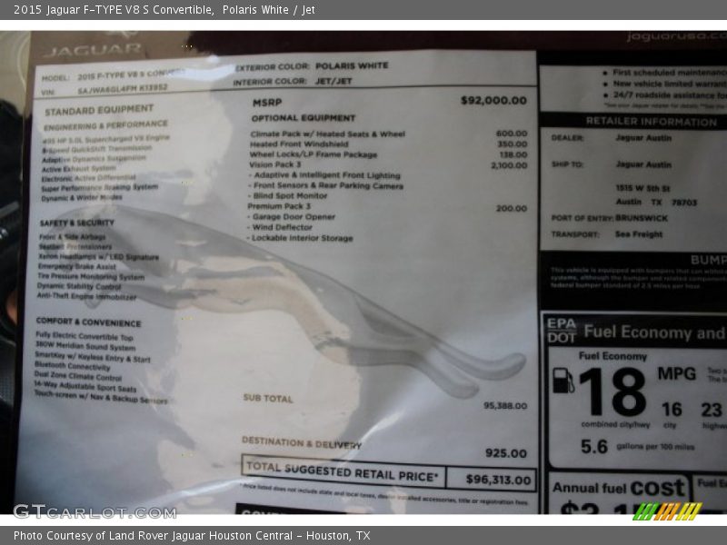  2015 F-TYPE V8 S Convertible Window Sticker