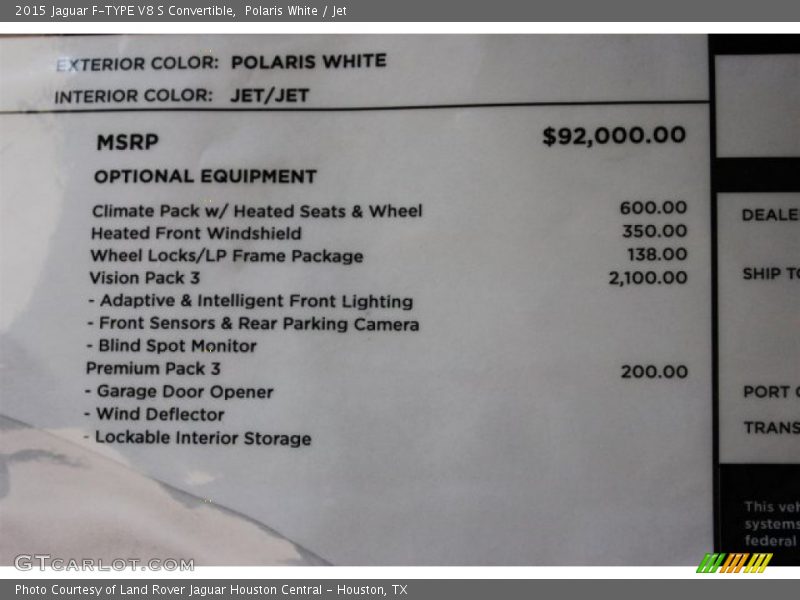  2015 F-TYPE V8 S Convertible Window Sticker