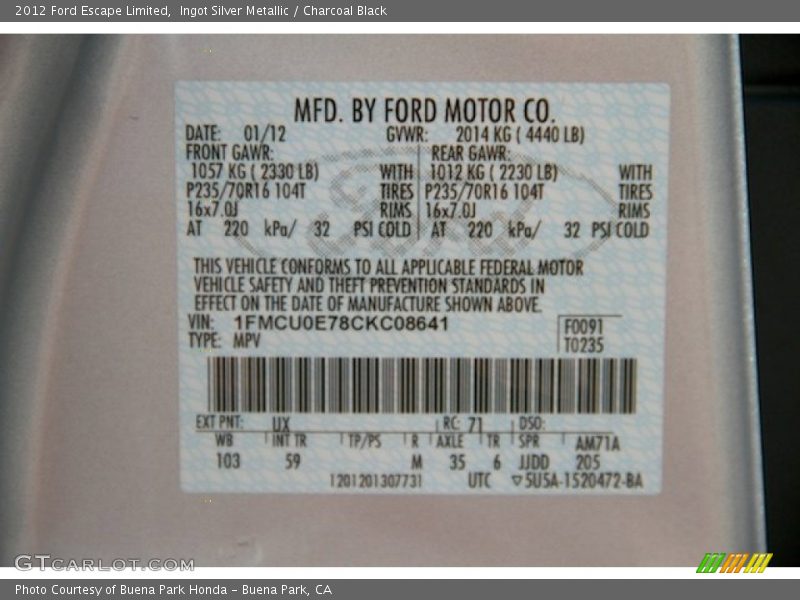 Ingot Silver Metallic / Charcoal Black 2012 Ford Escape Limited