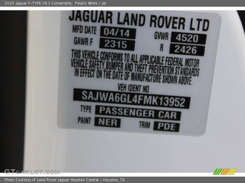 2015 F-TYPE V8 S Convertible Polaris White Color Code NER