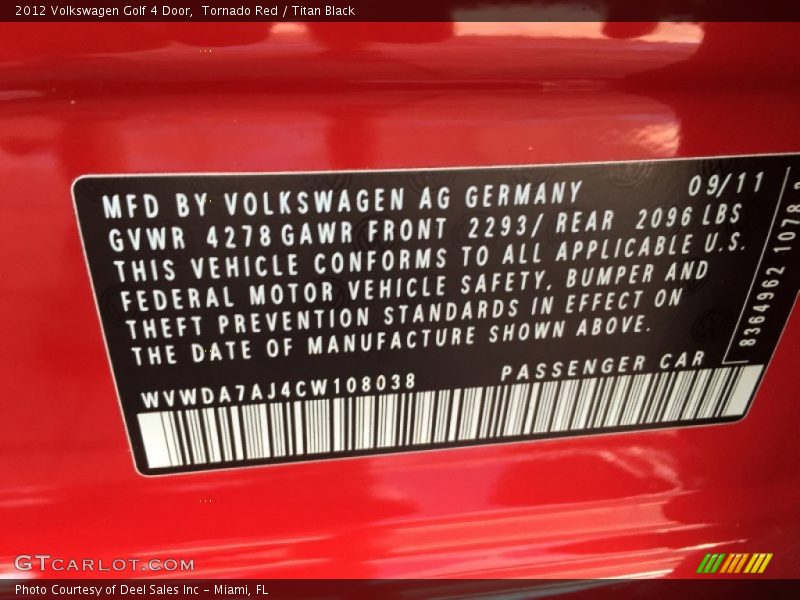 Tornado Red / Titan Black 2012 Volkswagen Golf 4 Door
