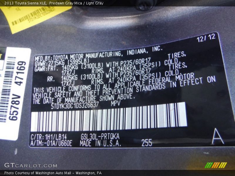 Predawn Gray Mica / Light Gray 2013 Toyota Sienna XLE