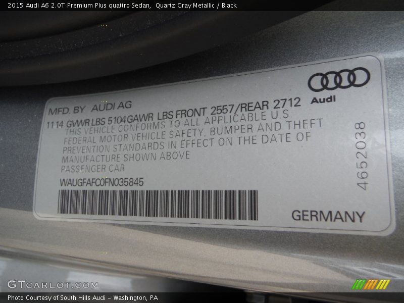 Quartz Gray Metallic / Black 2015 Audi A6 2.0T Premium Plus quattro Sedan