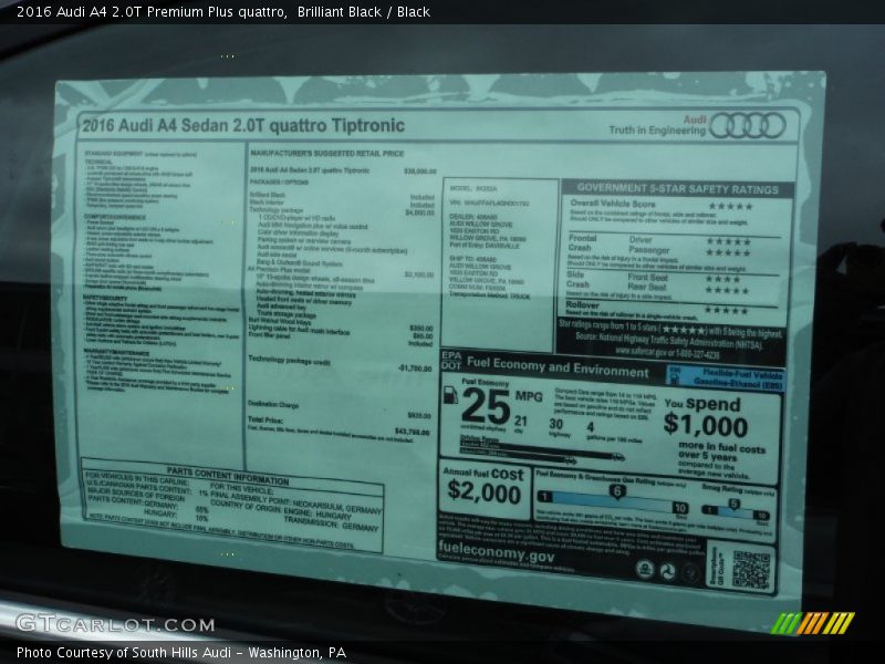  2016 A4 2.0T Premium Plus quattro Window Sticker