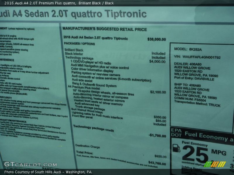  2016 A4 2.0T Premium Plus quattro Window Sticker