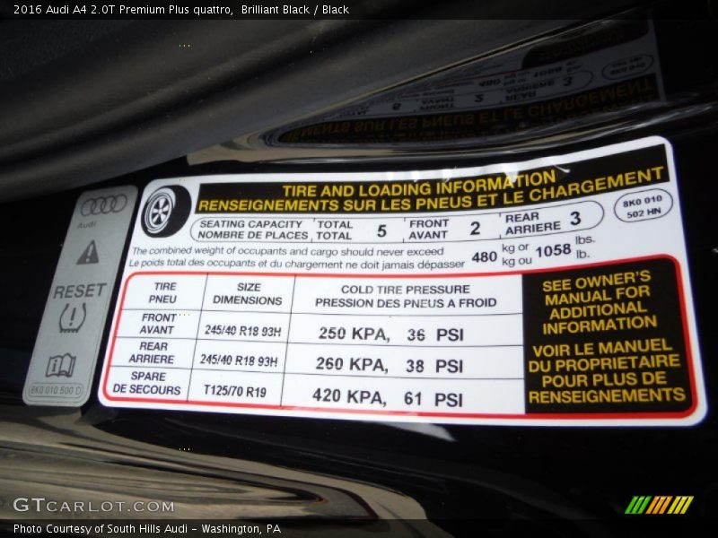 Info Tag of 2016 A4 2.0T Premium Plus quattro
