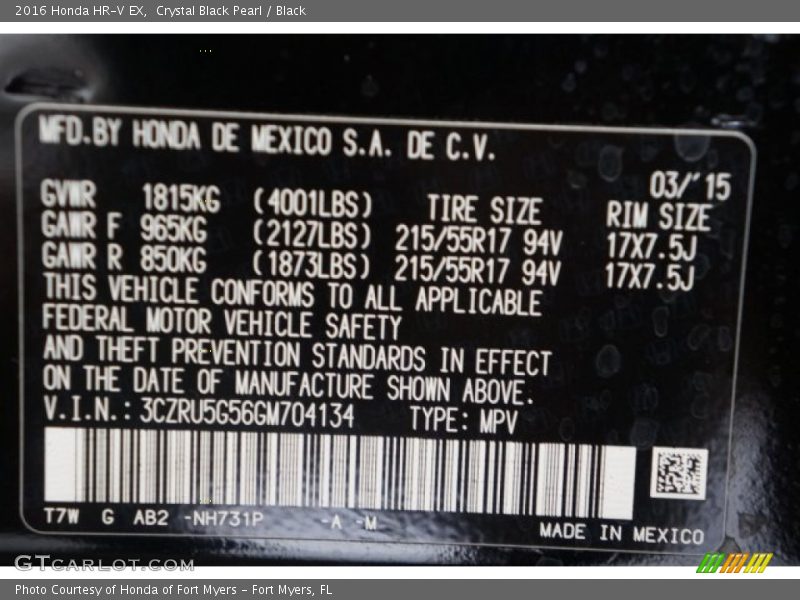 2016 HR-V EX Crystal Black Pearl Color Code NH731P
