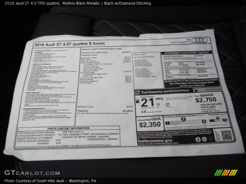  2016 S7 4.0 TFSI quattro Window Sticker