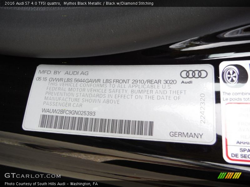 Mythos Black Metallic / Black w/Diamond Stitching 2016 Audi S7 4.0 TFSI quattro