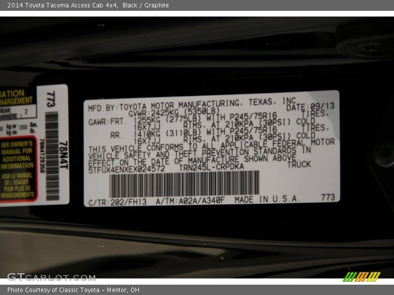 Black / Graphite 2014 Toyota Tacoma Access Cab 4x4