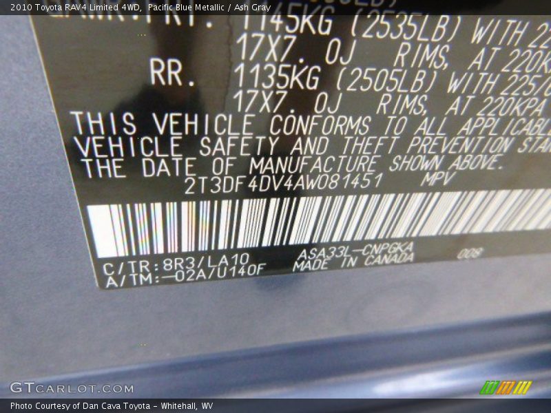 Pacific Blue Metallic / Ash Gray 2010 Toyota RAV4 Limited 4WD