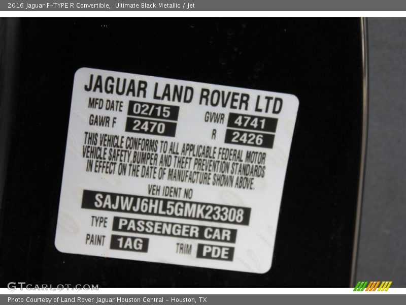 2016 F-TYPE R Convertible Ultimate Black Metallic Color Code 1AG