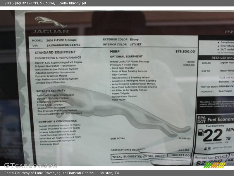  2016 F-TYPE S Coupe Window Sticker