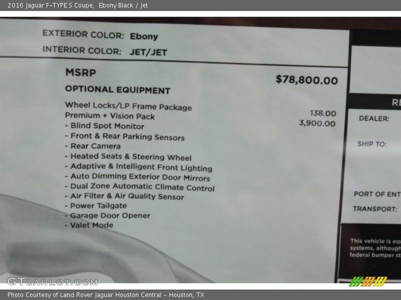  2016 F-TYPE S Coupe Window Sticker