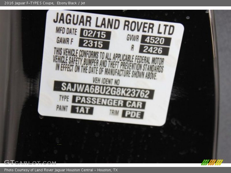 2016 F-TYPE S Coupe Ebony Black Color Code 1AT