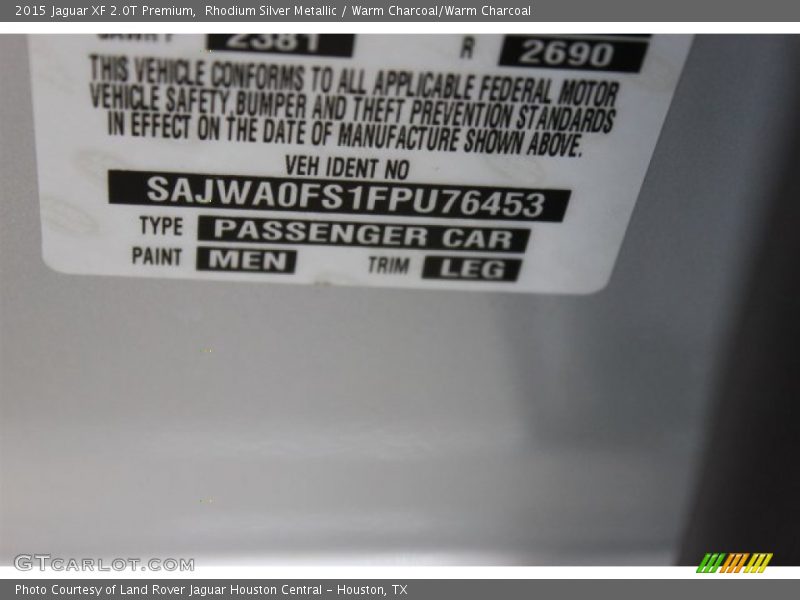 Rhodium Silver Metallic / Warm Charcoal/Warm Charcoal 2015 Jaguar XF 2.0T Premium