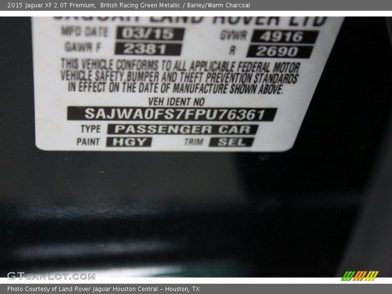British Racing Green Metallic / Barley/Warm Charcoal 2015 Jaguar XF 2.0T Premium