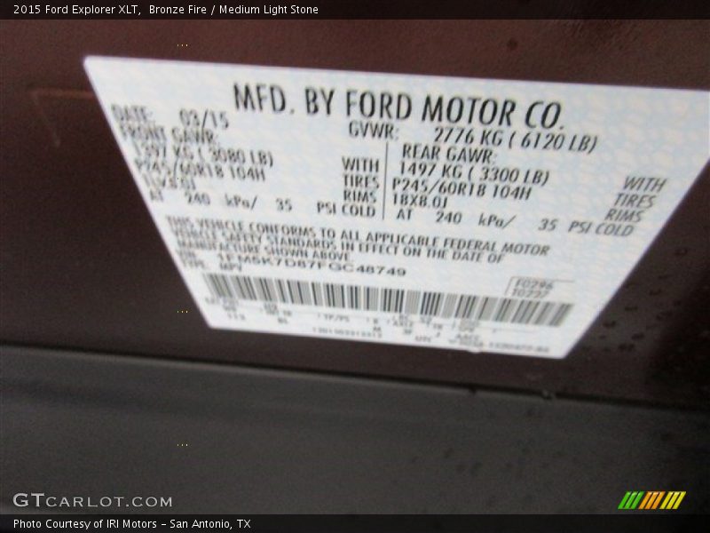 Bronze Fire / Medium Light Stone 2015 Ford Explorer XLT