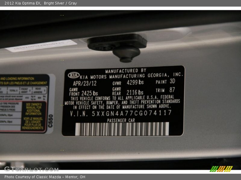 Bright Silver / Gray 2012 Kia Optima EX